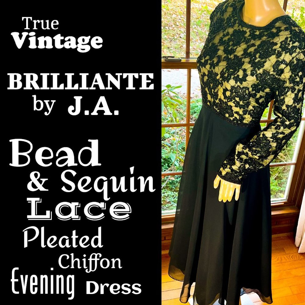 ▪️VTG▪️BRILLIANTE BY J.A.▪️ Bead & Sequin Lace Pleated Chiffon Evening Dress